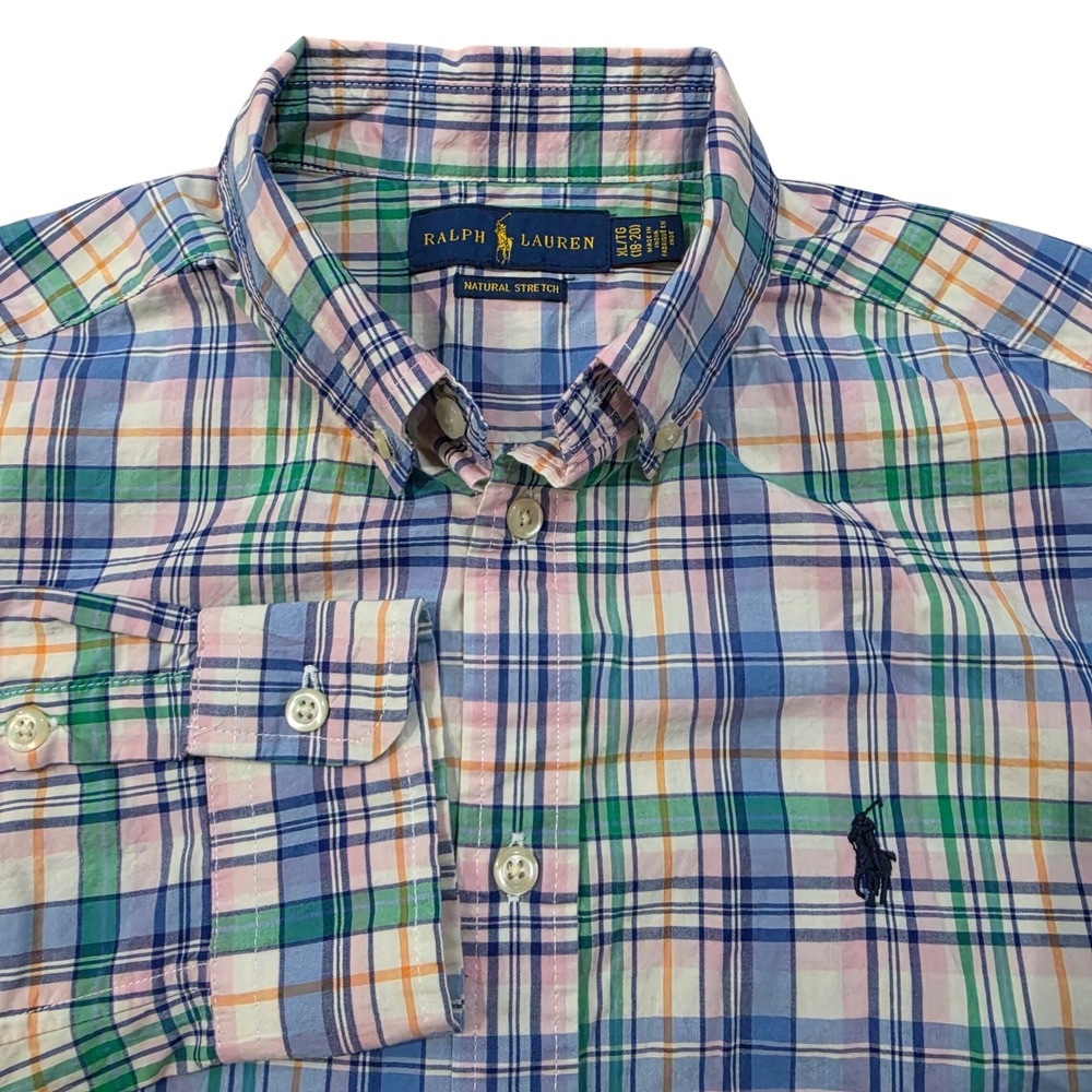 Polo Ralph Lauren Boys XL (18-20) Plaid Button Down Shirt Natural Stretch Multi